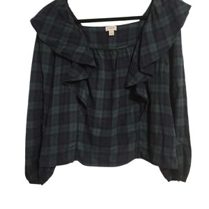 J. Crew Navy and Green Vintage Plaid Ruffle Flannel Blouse